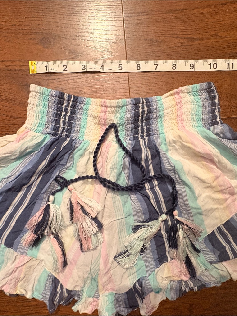 Surf Gypsy Pastel Stripe Smocked Mini Shorts with Navy Tassel Tie